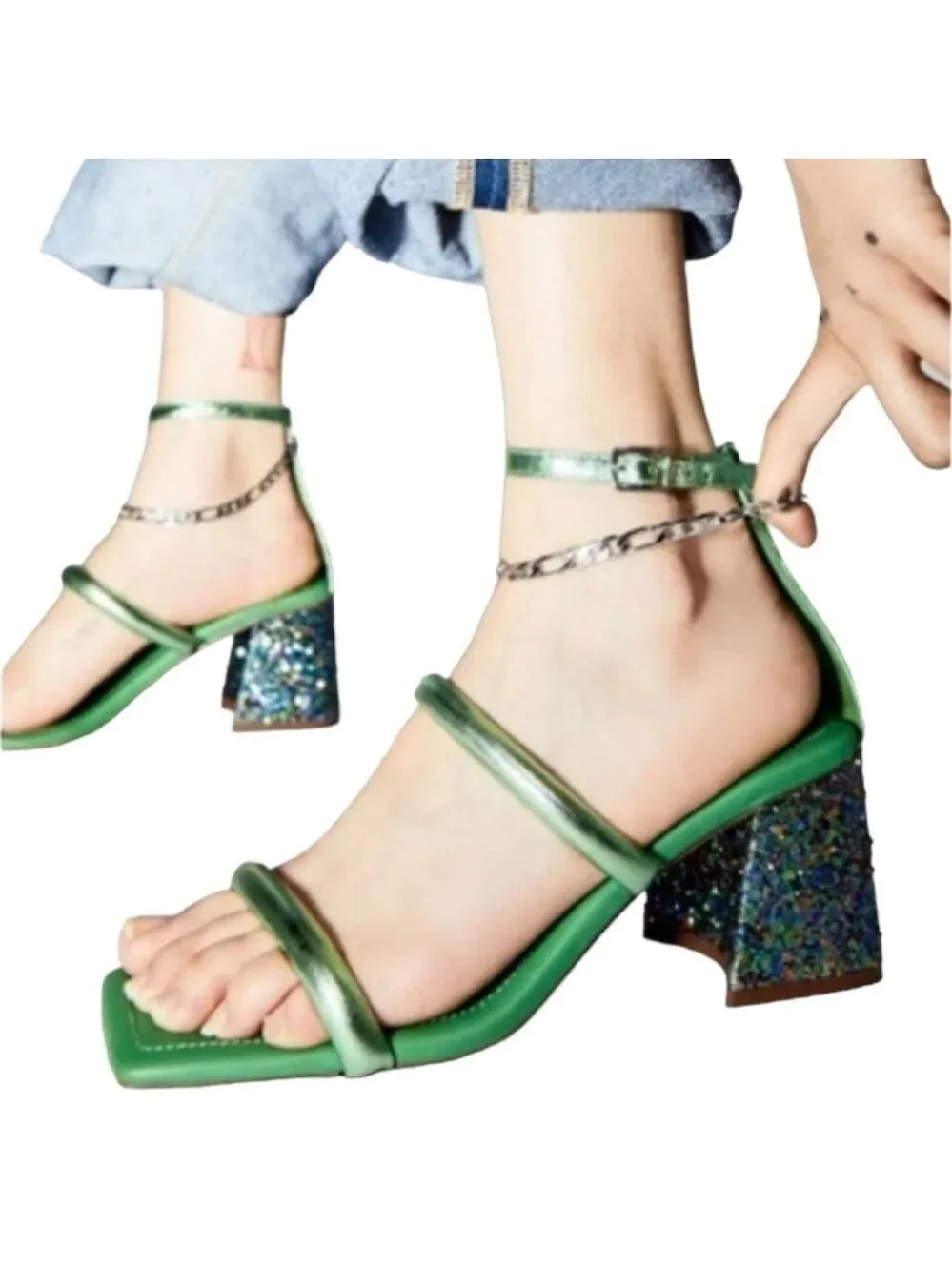 Free People Parker Silver Chain Heels Green Lime Metallic Sz 39